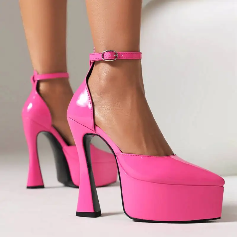

ASILETO Patent Leather Women Pumps Pointed Toe Strange Heels 14.5cm Platform 5cm Buckle Strap Fashion Party Shoes Big Size 48