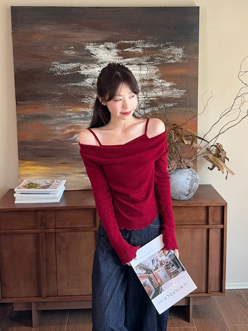 Fake Two-piece Off Shoulder Long Sleeve T-shirt Women's Sexy Slash Neck Flare Sleeve Base Shirt Top Autumn Casual Slim Fit Tops