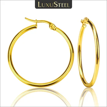 LUXUSTEEL 골드 컬러 스테인레스 스틸 후프 귀걸이 여성 남성 크고/작은 원형 라운드 귀 보석, 비쥬 Acier Inoxidable