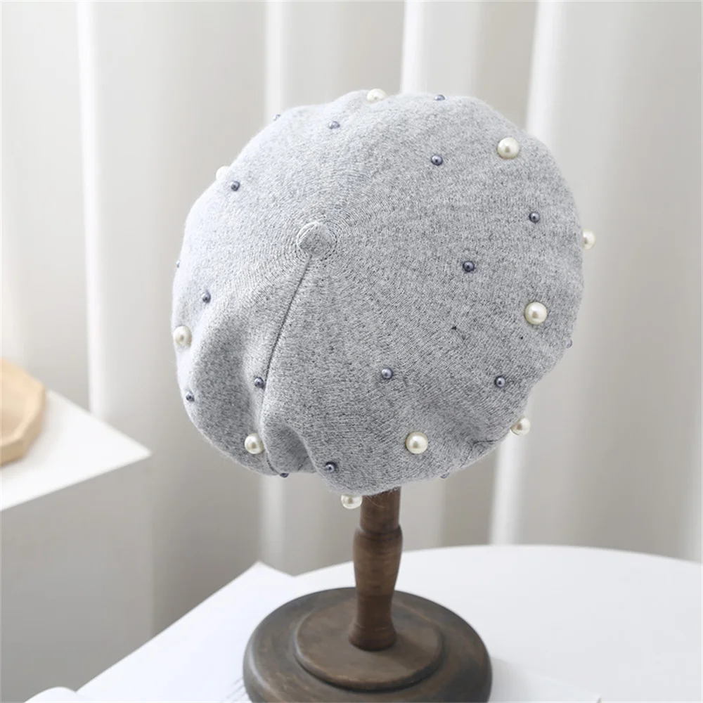 

New Women's Pearls BeretPainter Rabbit fur knitted Fashion Kids Hats Caps for Girls Beret Cap Adult Accessories Adjustable