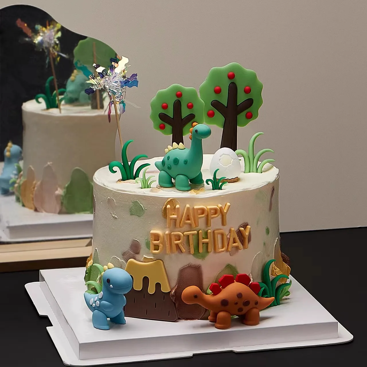 22 PCS Dinosaur Cake Topper Ancient Dinosaurs with Cartoon Fruit Tree Grass Cake Decoration Boys Happy 1st Birthday Party Decor