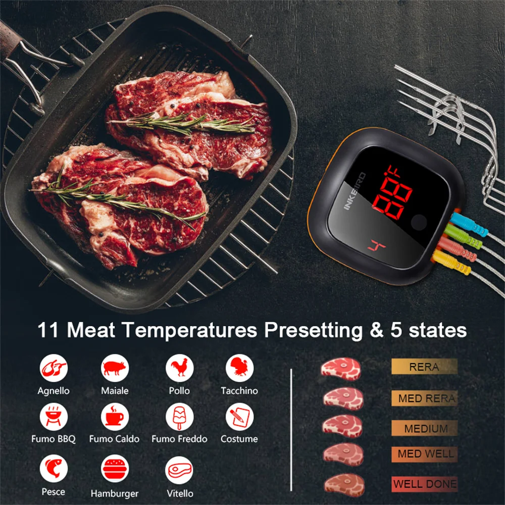 Bluetooth Meat Thermometer INKBIRD IBT/4XS Barbecue Cooking Rechargeable  Battery