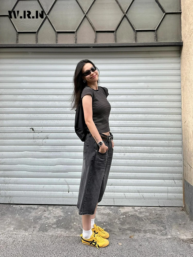 

Женские повседневные Широкие джинсовые шорты в стиле ретро, однотонные потертые свободные джинсы средней длины с высокой талией в японском стиле 1920-х, лето 2024