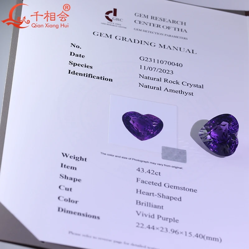 43ct heart-cut millennium natural amethyst, GRC-certified, perfect for stunning jewelry designs.