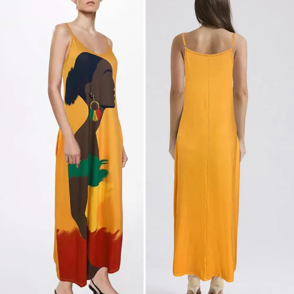 

Summer Slit Dress Bohemian Style Vacation Maxi Dress with Retro Contrast Color Print Oversized V Neck Women's Sleeveless Ankle