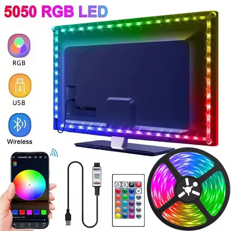 ไฟแถบ LED RGB USB 5V ซิงค์เพลง RGB 5050 ไฟ LED ไฟ LED ยืดหยุ่นโคมไฟเทปสำหรับทีวีแสงไฟตกแต่งห้อง 1 M-30 M 1