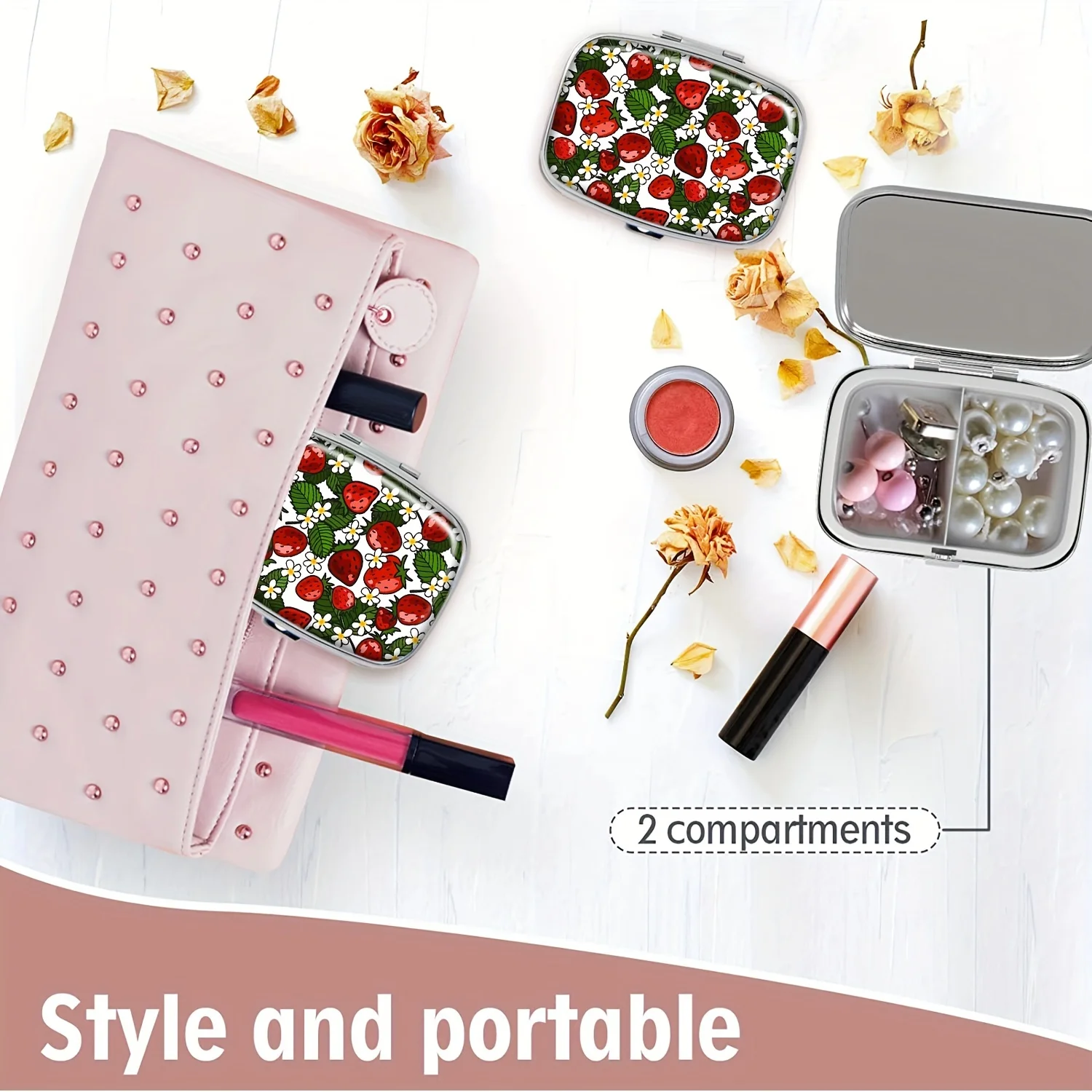 1 cute strawberry pill box 2 compartment pill boxes rectangular decorative box vitamin storage box for pocket purses