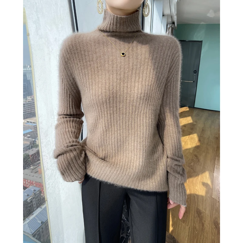 

High Necked Striped Wool Sweater Women's AutumnWinter Long Sleeved Warm High-Quality Loose Solid Color 100%Merino Knit Pullover