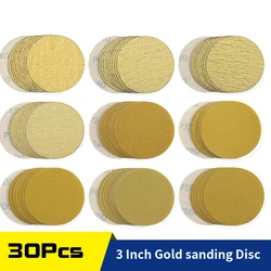 3 Inch Gold Hook and Loop Sanding Discs for DA Sanders ,30 Piece Sandpaper 75mm Finishing Discs for Automotive and Woodworking