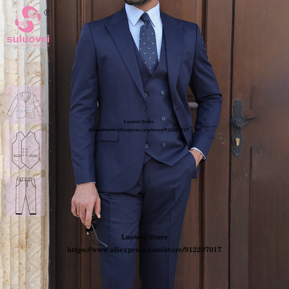 

Fashion Business Slim Fit Suits For Men 3 Piece Pants Set Groom Wedding Prom Peaked Lapel Tuxedo Blazer Terno Masculino Completo