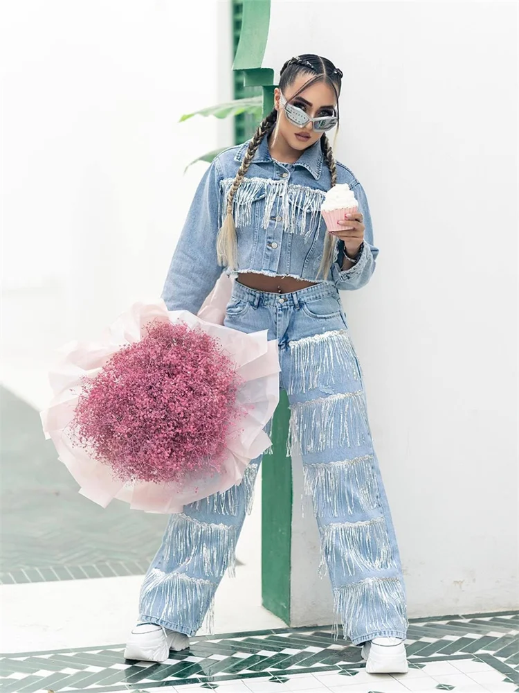 Wmstar Jeans Women High Waist Denim Boyfriend Sequined Tassel Cargo Korean Ripped Streetwear Pants Wholesale Dropshipping 2025