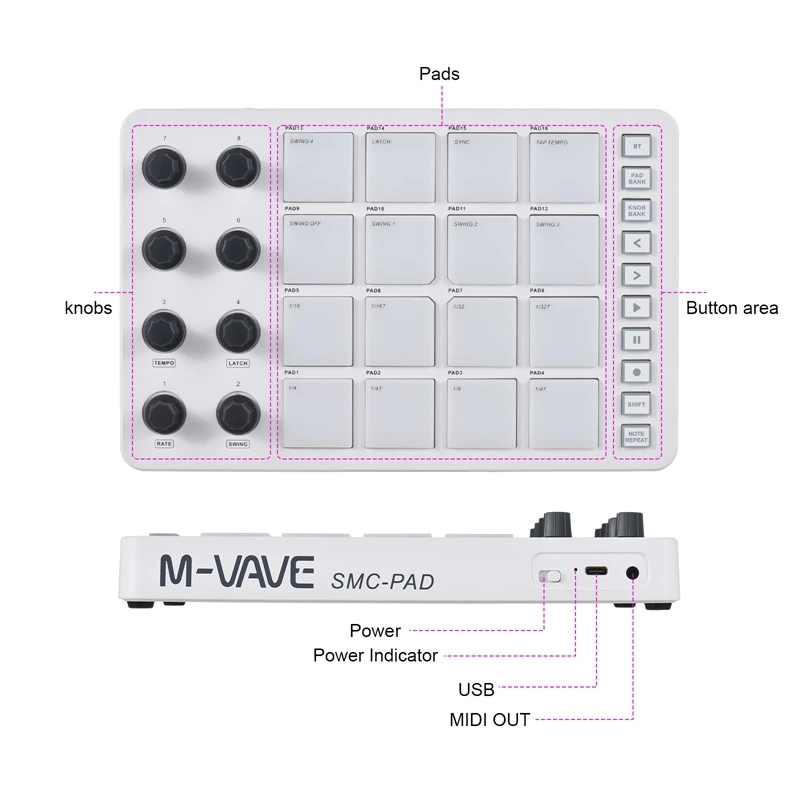 M-VAVE MIDI Controller Strike Pad Kit RGB Backlight MIDI Keyboard BT Connection Low Latency 3.5Mm Output Interface Pad Kit