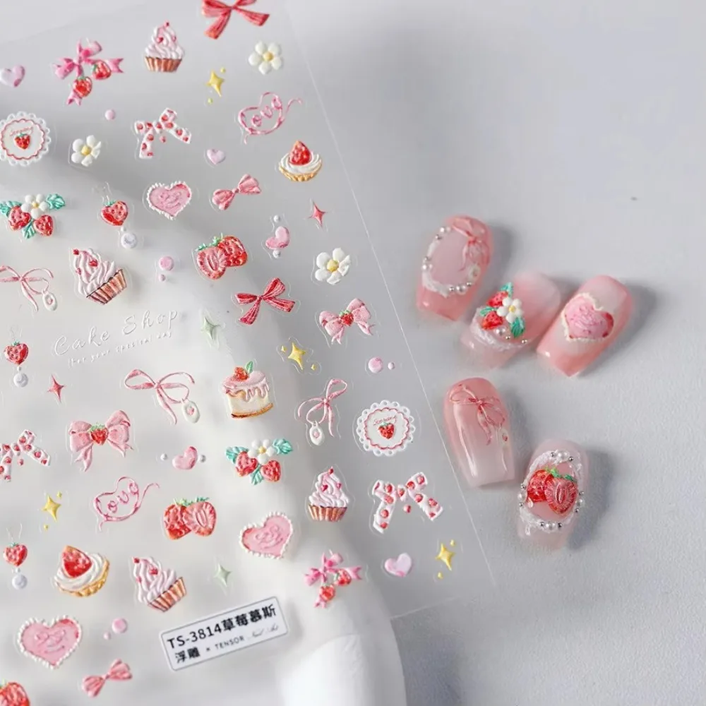 Lovely Strawberry Nail Art Stickers Bowknot 5D Embossed Reliefs Cup Stickers Self Adhesive Muffin Cream Cake Ice Cream