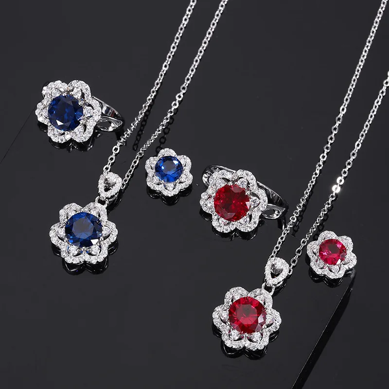 

Exquisite Beauty Lab Created Ruby Sapphire Flower Luxury Jewelry Set Real S925 Silver Pendant Necklace Ring Earrings For Women