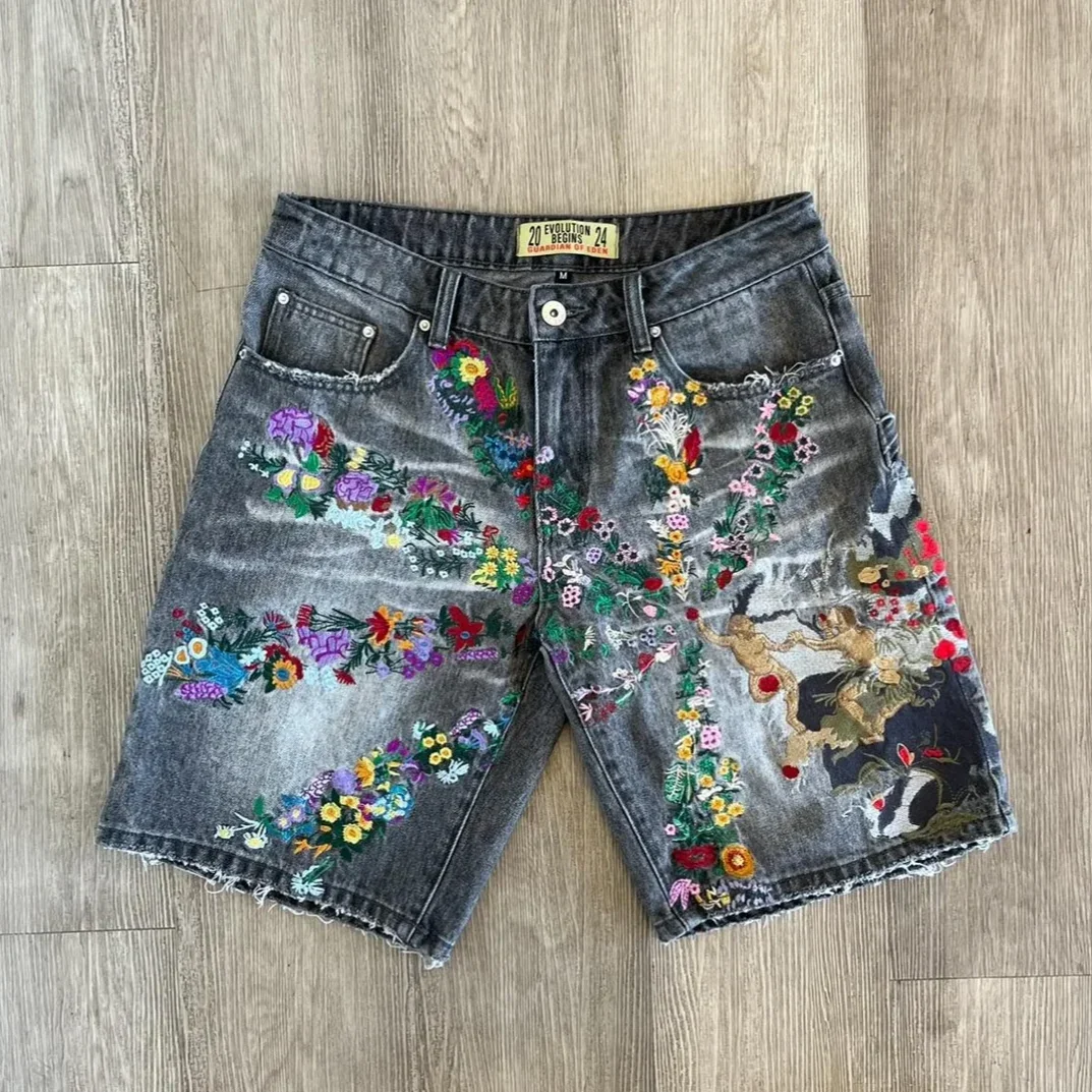 Y2K Painted Pattern Fully Embroidered Hip-hop Retro New Punk Men's and Women's Jeans Harajuku Street Black Gray Denim Shorts