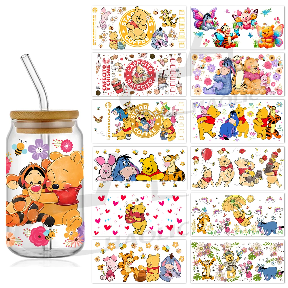 UV DTF Cup Wrap Pooh Bear Winnie DTF Libbey Wraps Transfers 16oz Custom UV Skinny Tumbler Cartoon Stickers Good Price dtf transfer sticker