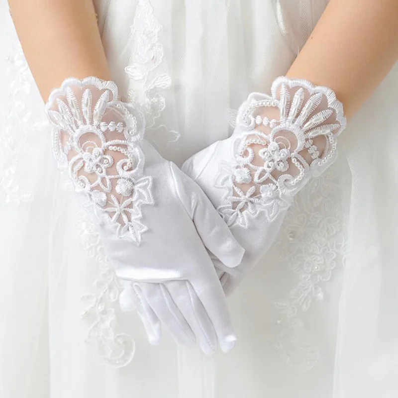 Satin Gloves Children Gloves Girl Pearl Short Lace Bow Children Princess Dance Dress Glove Kids White Elastic Spandex Satin Party Formal Etiquette Mitten G79