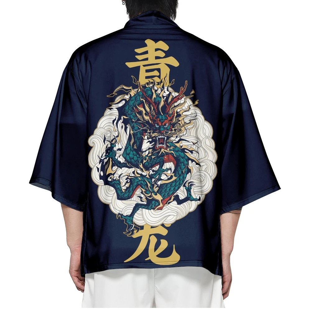 

Japanese Clothes Yukata Samurai Costume Haori Obi Beach Men's Kimono Dragon Print Cardigan Streetwear Jacket