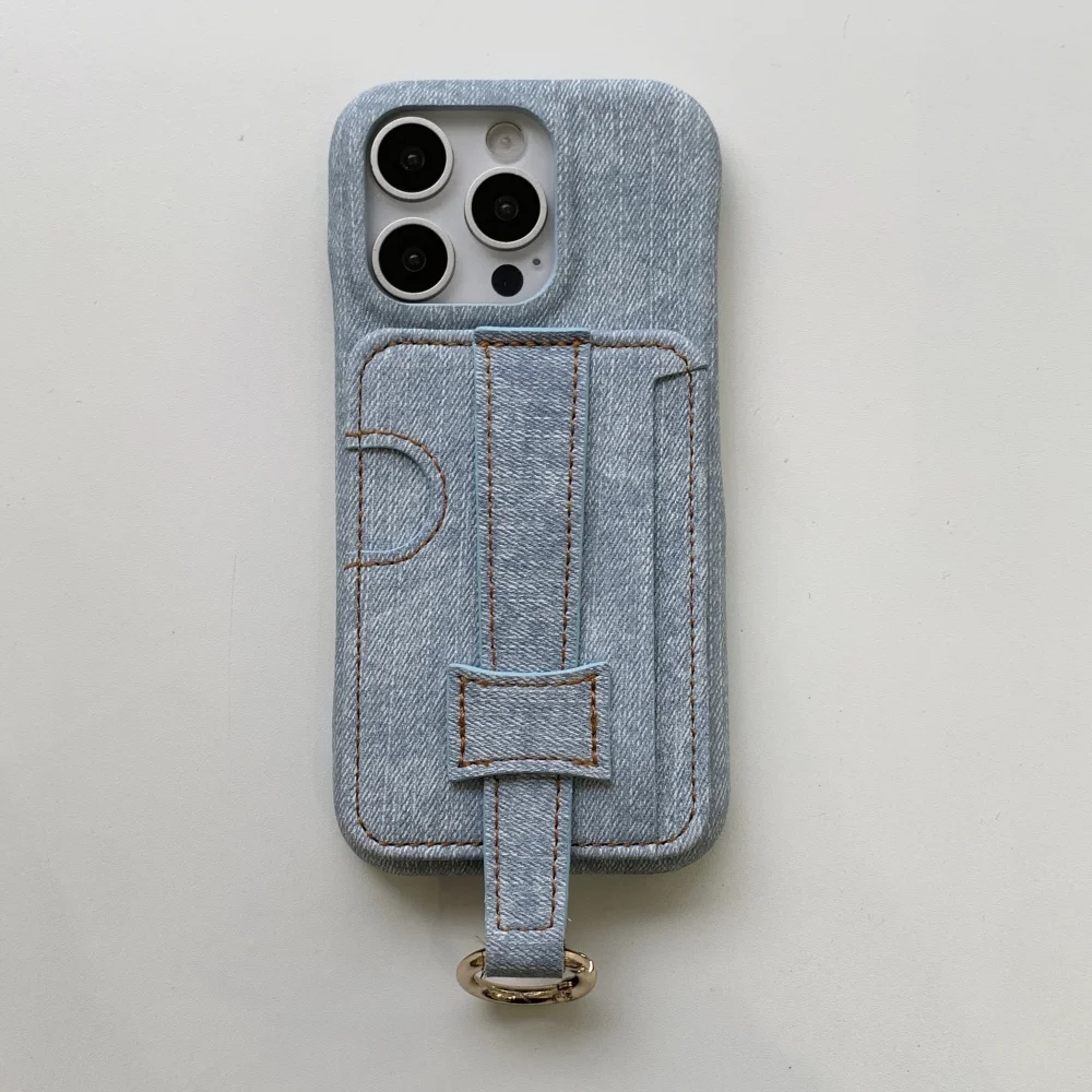 Luxury Denim Leather Wrist Strap Wallet with Card Holder and Shockproof Back Cover