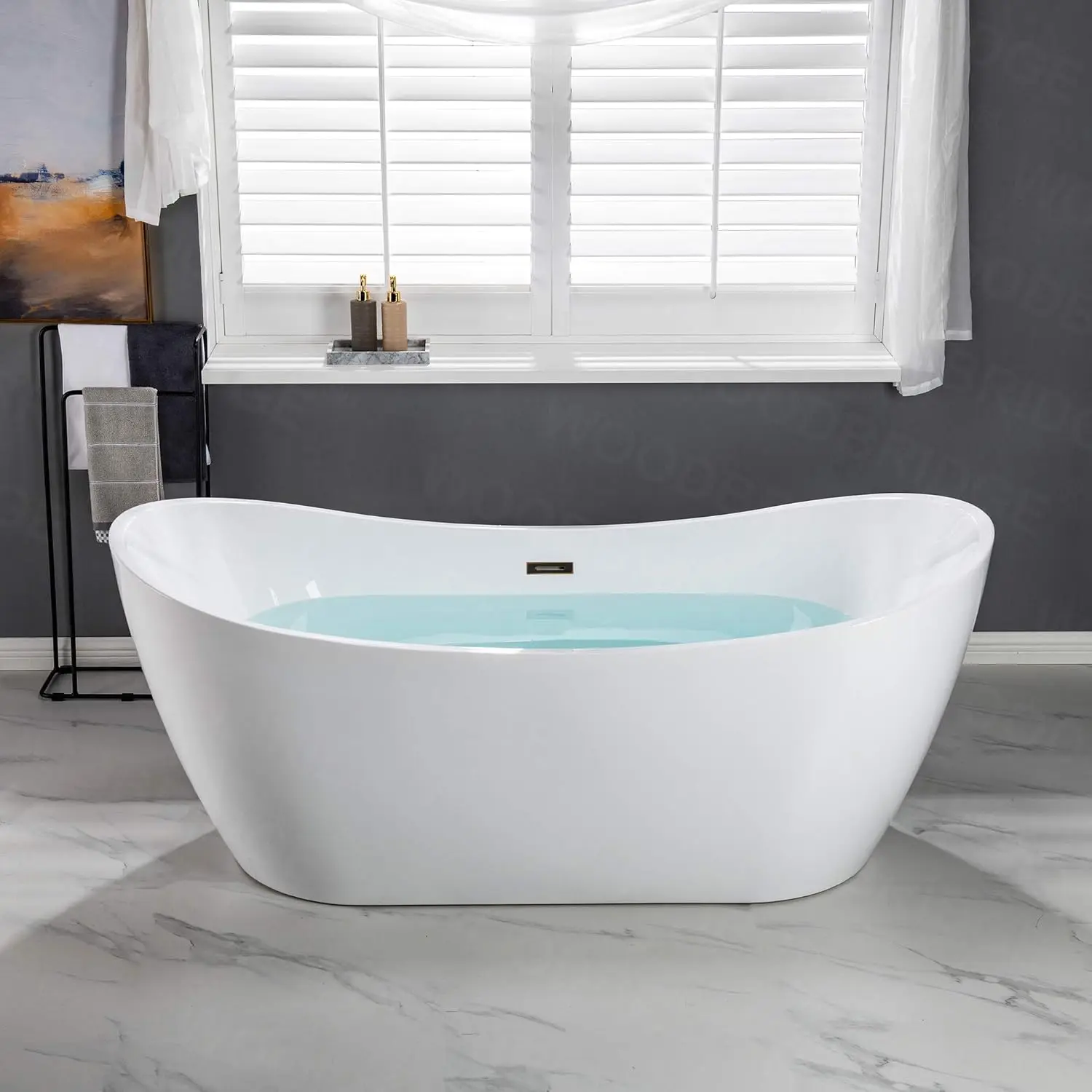 71 inch Acrylic Freestanding Bathtub Contemporary Soaking White Tub with Oil Rubbed Bronze Overflow and Drain Easy clean