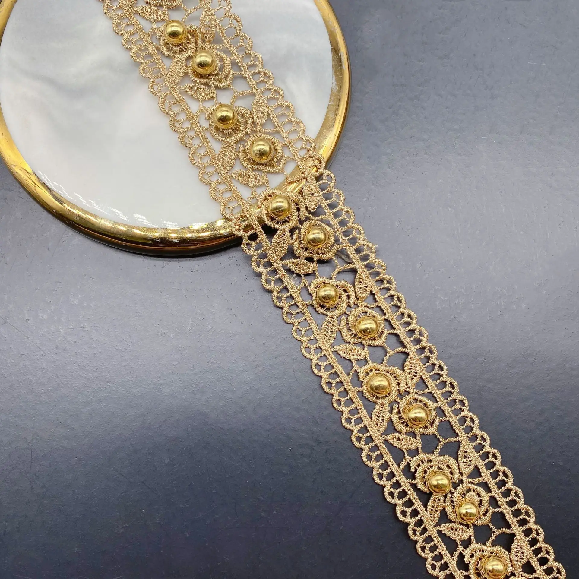 Embroidery Gold Pearl Rose Hollow Wearable Ribbon Fabric Lace 2Yards/Lot DIY Trim Crafts Sewing Ribbons, lace fabric