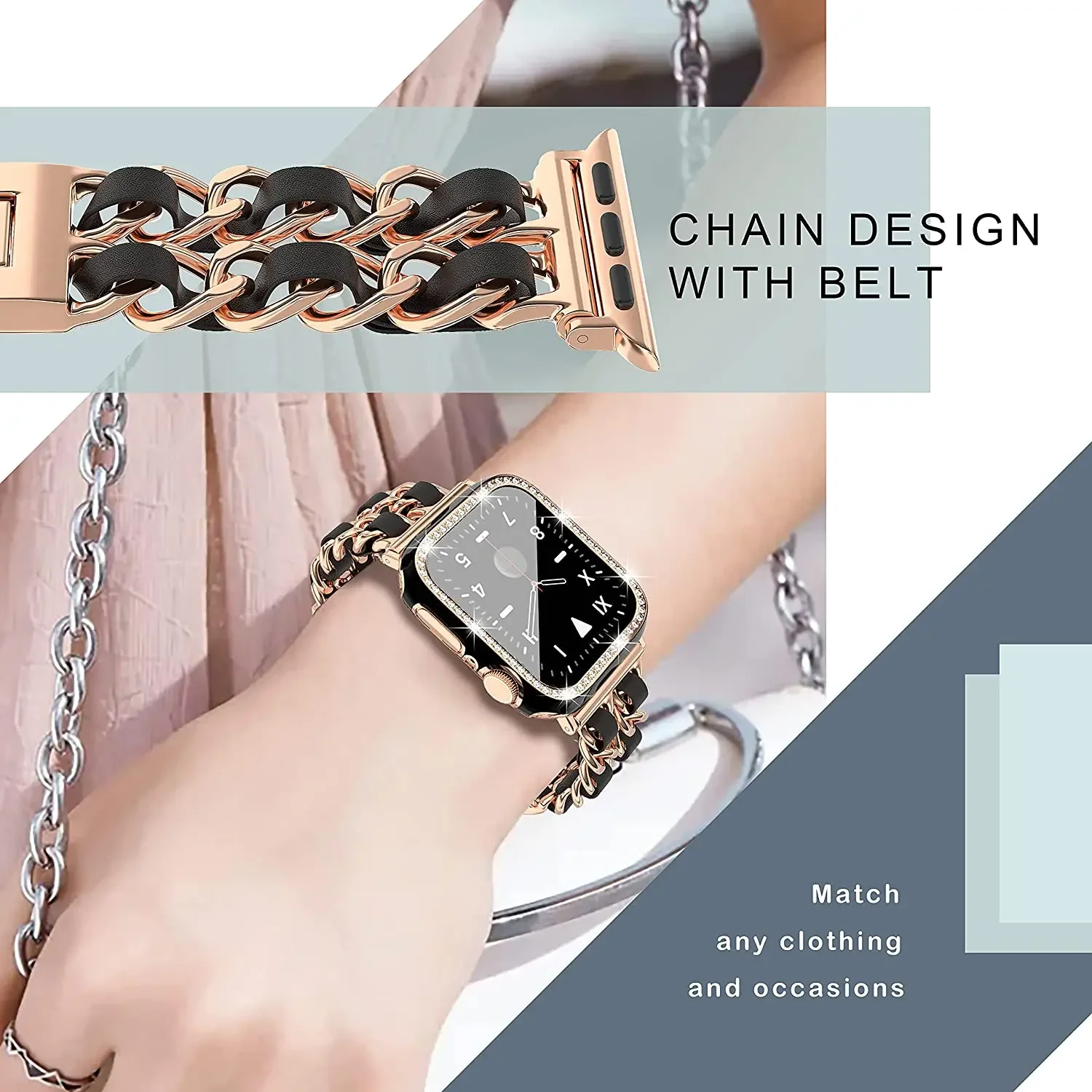 Metal＋leather strap+case For Apple Watch Band 45mm 41mm 44mm 40mm 42mm 38mm Bracelet Belt iWatch 9 8 7 6 5 4 SE stainless steel