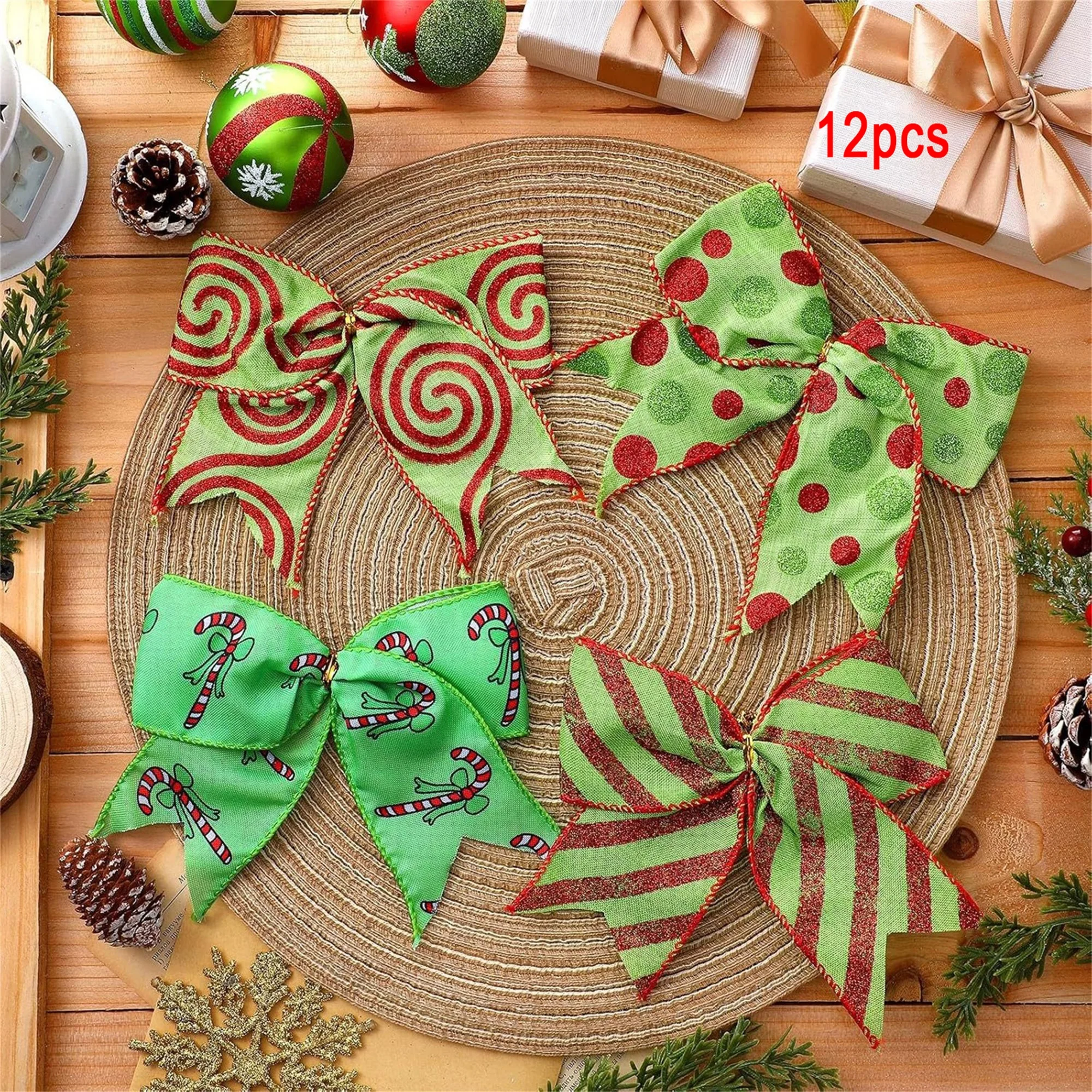 Set of 12 Festive Red and Green Bow Ornaments for Christmas Tree Decoration Perfect for Home Parties and Weddings