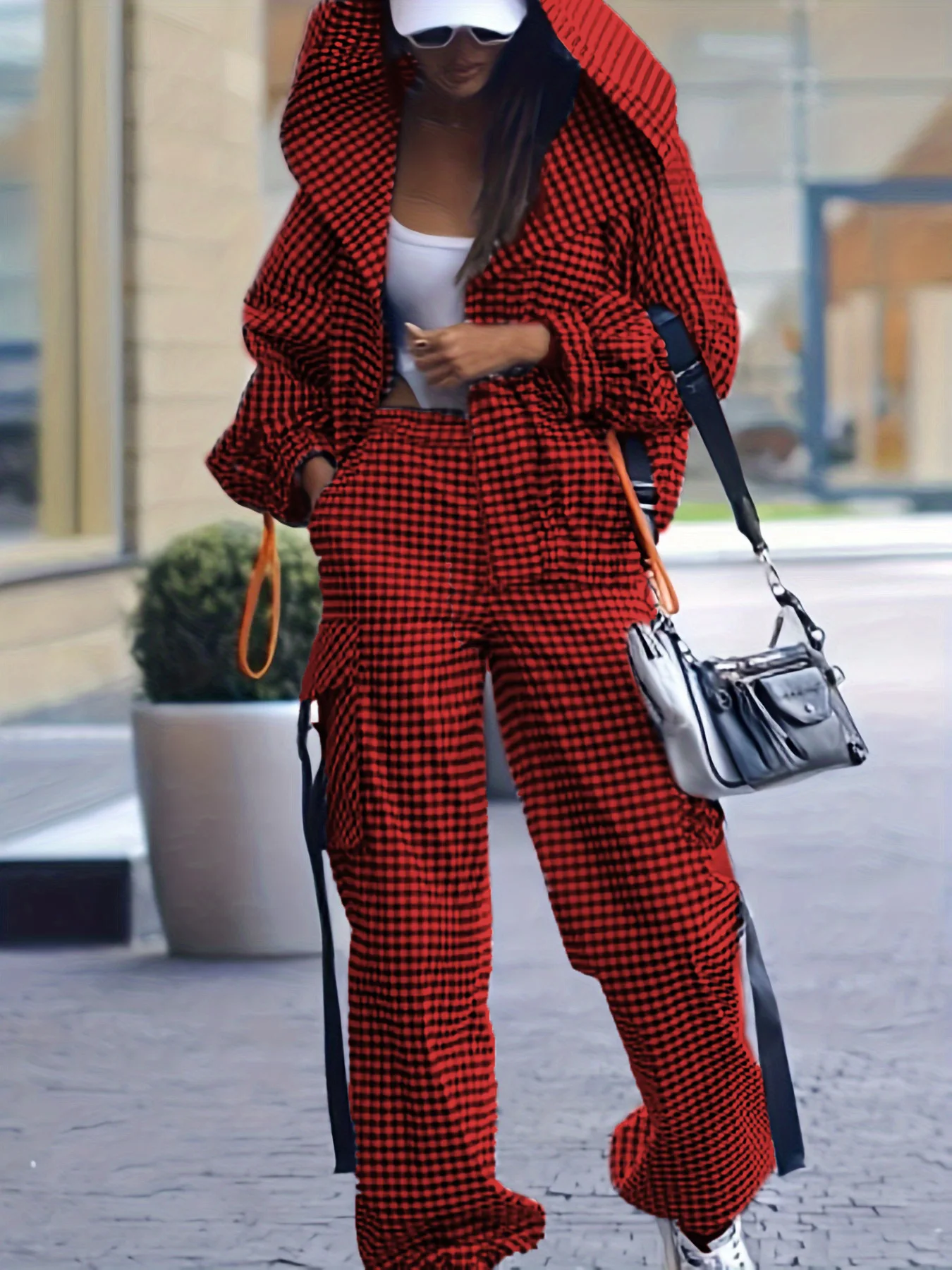 Spring Autumn Casual Plaid Print Women's Set Fashion Pocket Loose Hoodie Long-sleeved Jacket + Trousers 2-piece Suit Street 4