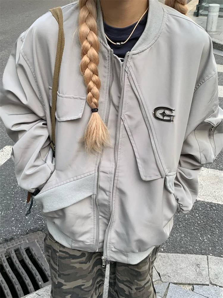QWEEK Cyber Y2K Gray Bomber Jacket Women American Retro Streetwear Outerwear Oversized Harajuku Egirl 90s Vintage