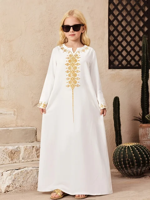 Vêtements pour enfants Robe de mode rétro pour fille Article unique Fille Or Floral Impression numérique Dentelle Blanc pur Col en V Petite ouverture Robe pull Jupe longue Convient pour 4-11 ans 1
