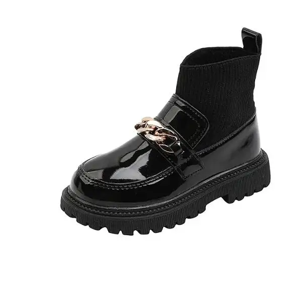 Girls Leather Boots Metal Chains Flying Woven Stitching Princess Boots 2024 Fashion Socks Boots Kids Leather Soft Boots Children 3