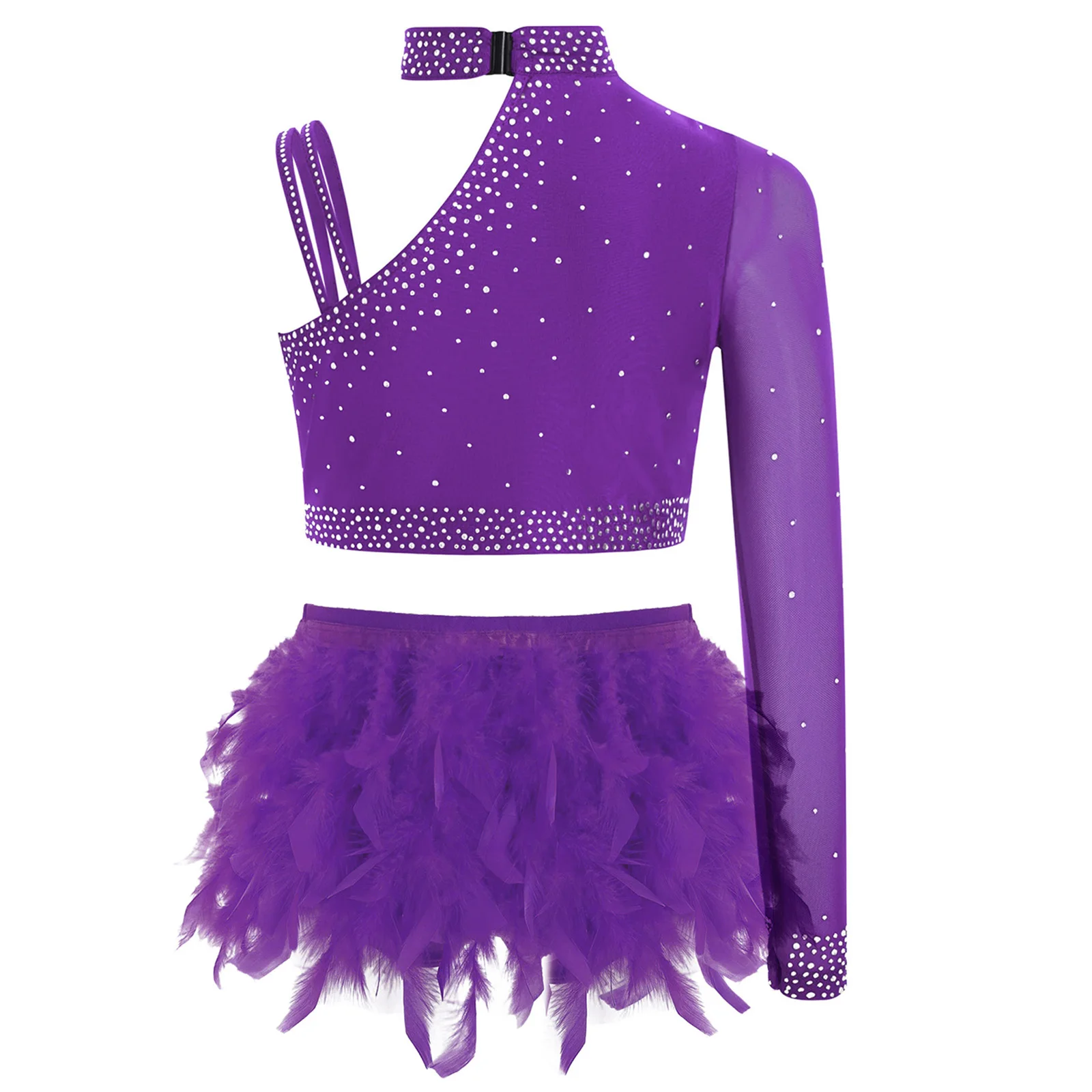 Kids Girls Ballet Tops Performance Costume Rhinestones Gymnastics Unique Irregular Shoulder Crop Top with Briefs Suit