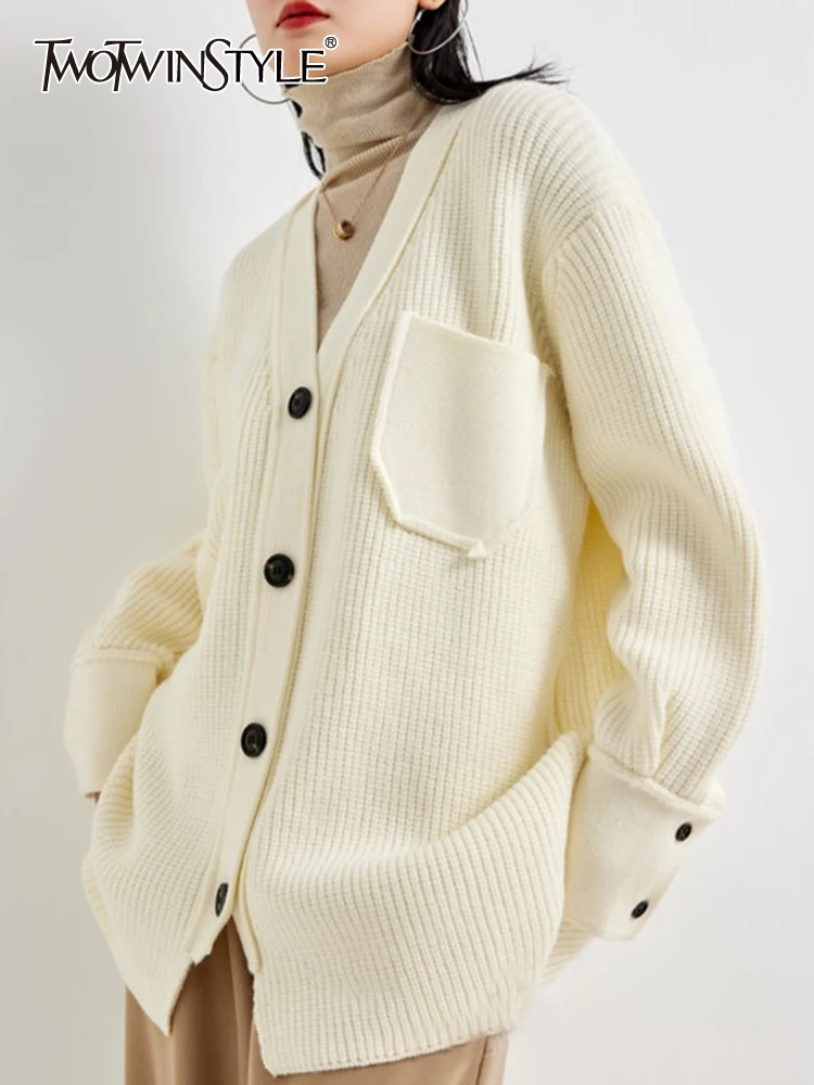

TWOTWINSTYLE Solid Minimalist Swweaters For Women V Neck Long Sleeve Patchwork Single Breasted Loose Sweater Female Clothing New