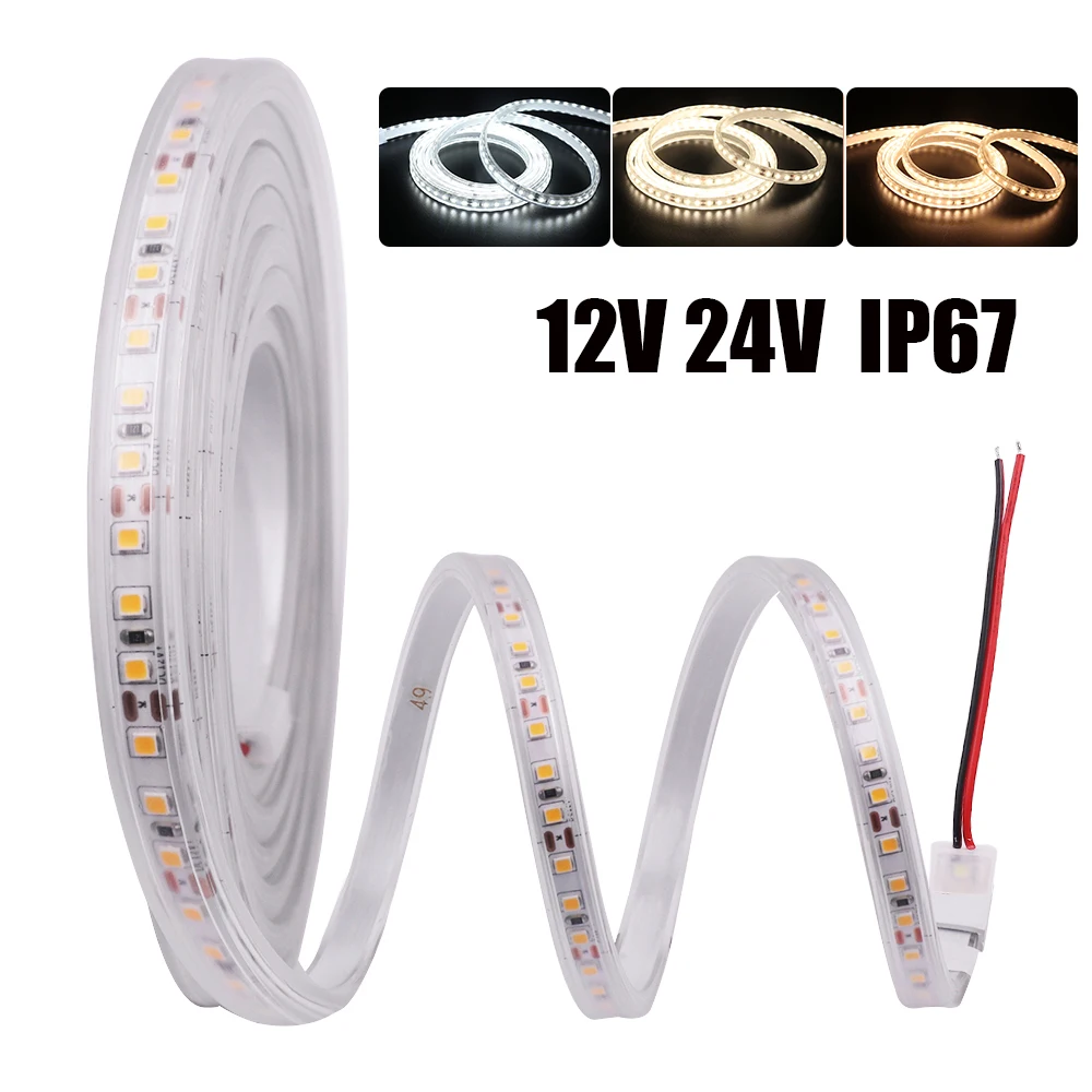 

DC 12V 24V SMD 2835 120LEDs/M LED Strip IP67 Waterproof CRI 80RA Warm/Natural White Home Decor Flexible Ribbon Tape Rope Light