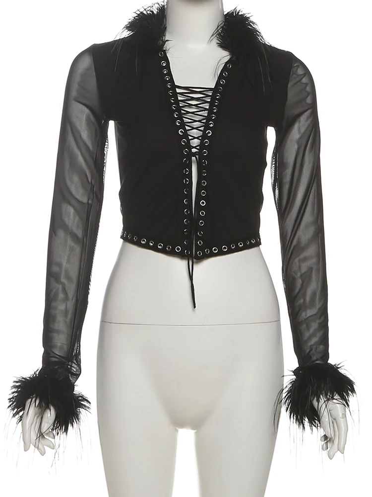 Nibber Shirring Coquette Feather Mesh Patchwork T-Shirts Women Metal Hollow Full Sleeve Stretch Midnight Party Sexy Clubwear