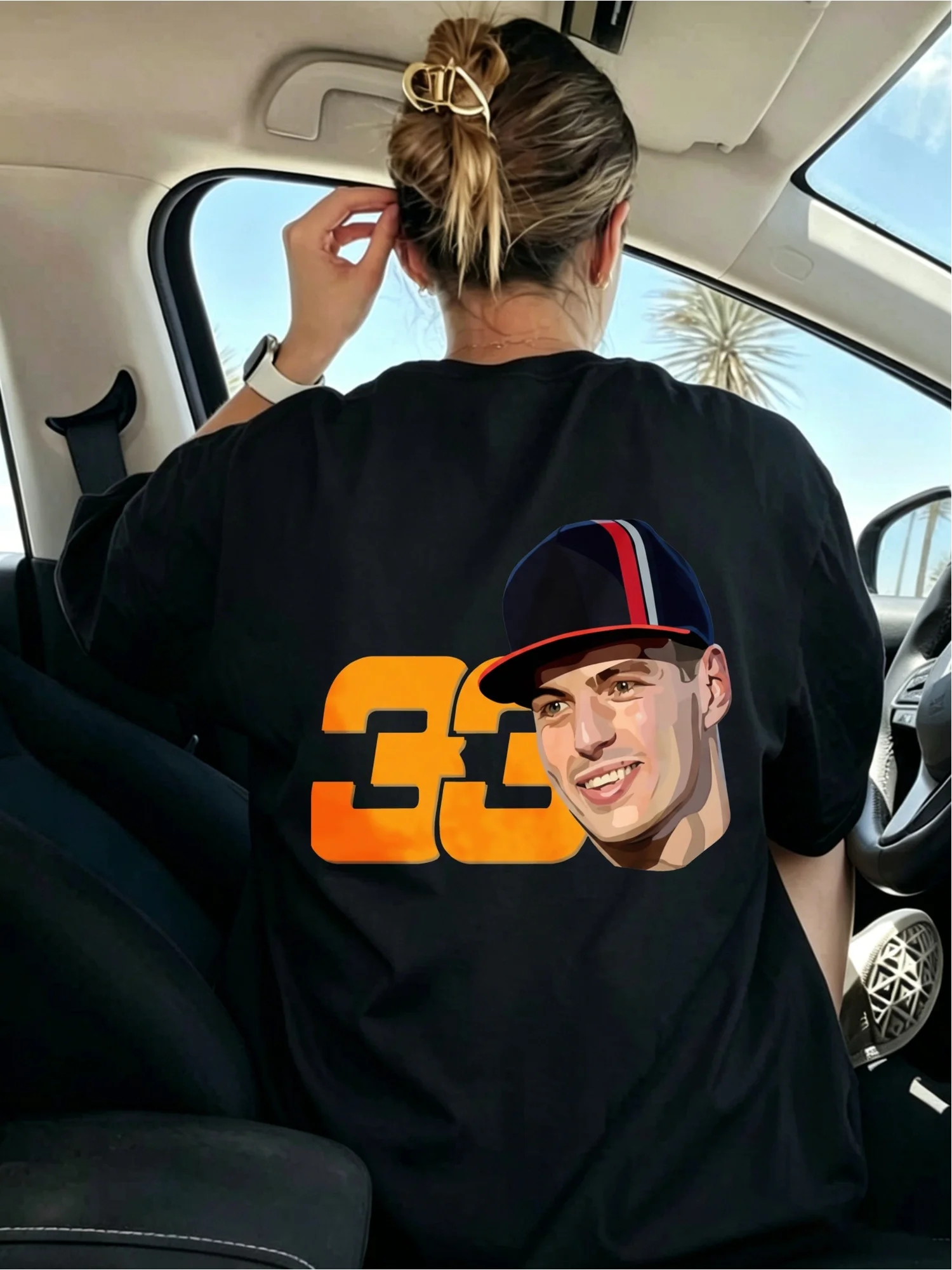 Women Max V Vers Tappen Logo T-Shirt Iconic Number 33 Signature Print Round Neck Tee Casual Gaming Apparel Suitable for Fans All Season Fit Iconic Number 33 Design Machine Washable Black with / for Year Round Wear