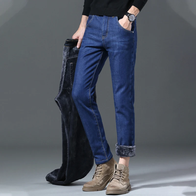 2022 Winter Thick Warm Fleece Jeans Men Black Fashion Business Denim Trouser Blue Stretch Slim Fleece Jeans Man