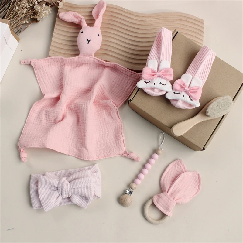 

Newborn Bath Set Gifts Box Rabbit Cotton Sleeping Dolls Blanket Appease Towel Bibs Socks Headband Wooden Teether Hair Comb Brush