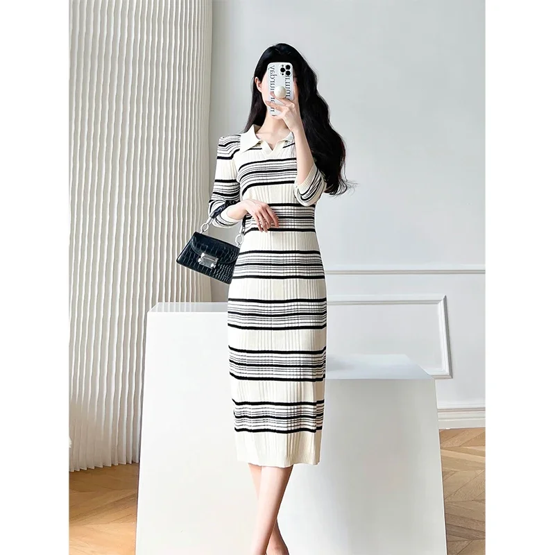 Autumn Winter Elegant Striped Knitted Wrap Dress Women Long Sleeve Slim Pullover Sweater Dresses White Black Vacation Lazy Dress