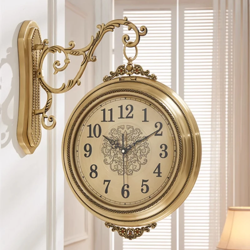 Large Double-side Wood Metal Golden Silent Wall Clock