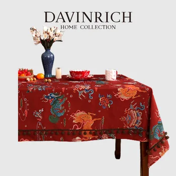 DAVINRICH Chinese Mythical Animals Decorative Tablecloth Retro Charm Oriental Style Rectangular Table Cloth Parties Banquet Deco
