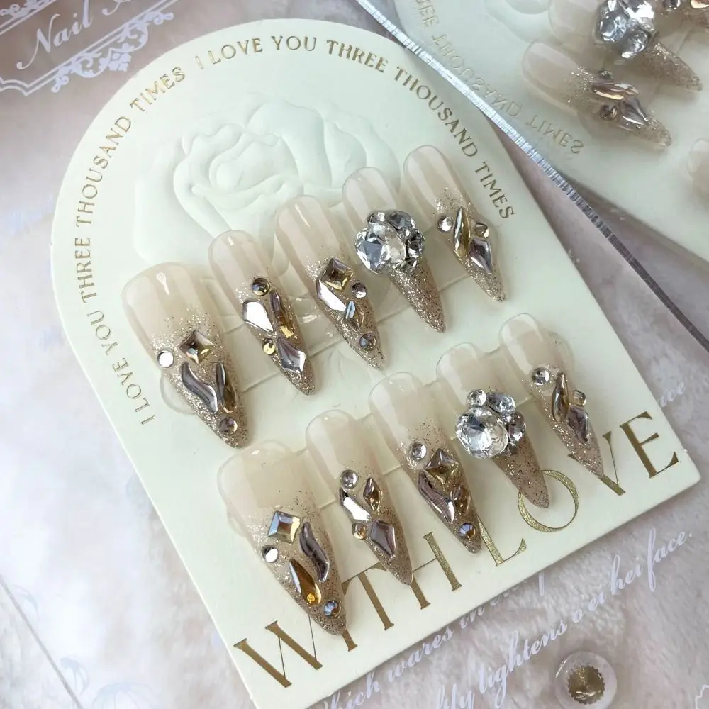 10 Pezzi Con Strass Champagne Flash Diamond Unghie Fatte A Mano Copertura Completa Xs S M L Polvere Glitter Unghie Finte Con Cassetta Degli Attrezzi