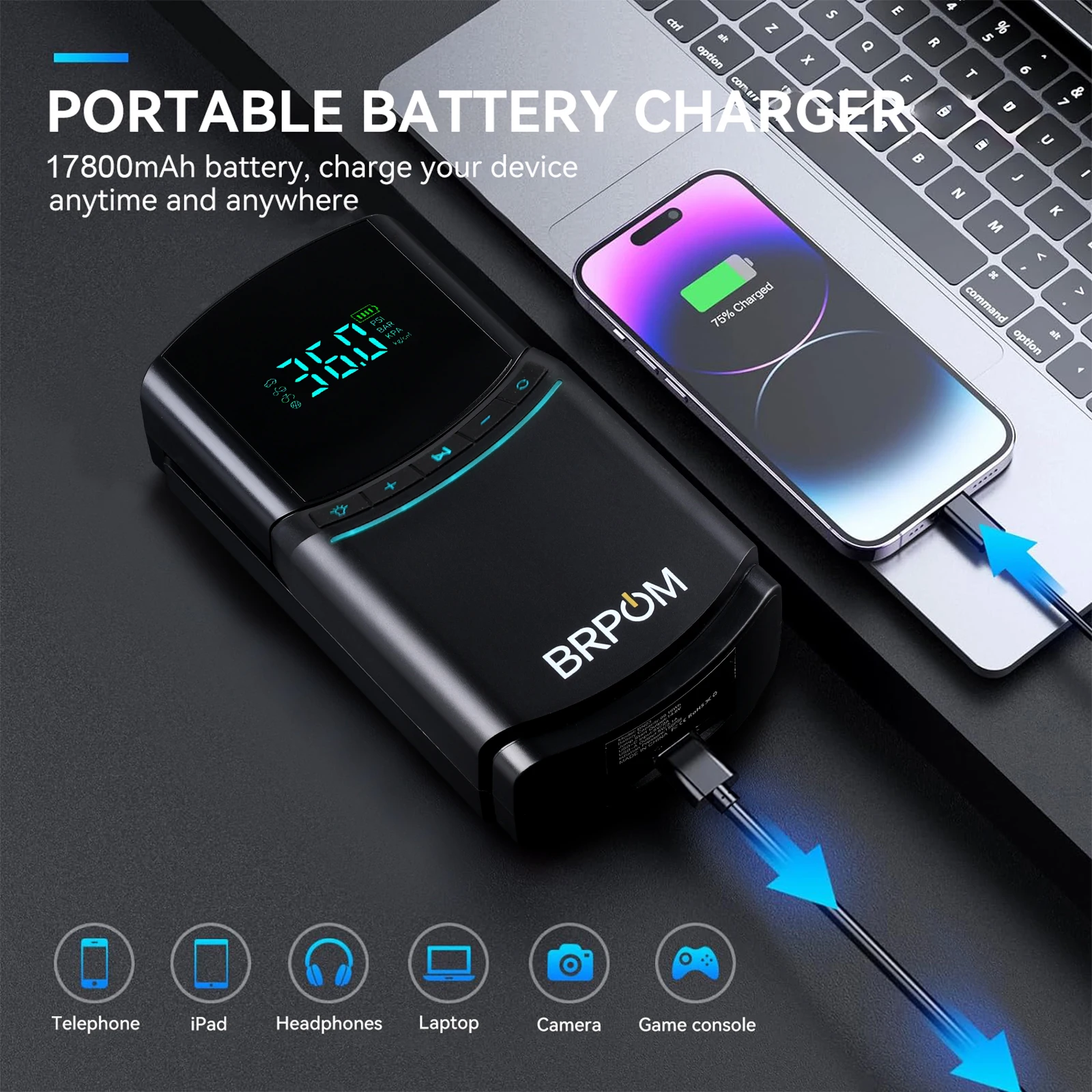 4 in1 Car Jump Starter Emergency Air Pump 150PSI Air Compressor 8000mAh Peak Current 800A Starter Device Digital Tire Inflator