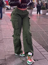  Army Green Cargo Pants Baggy Jeans Women Fashion Streetwear Pockets Straight High Waist Casual Vintage Denim Trousers Overalls 