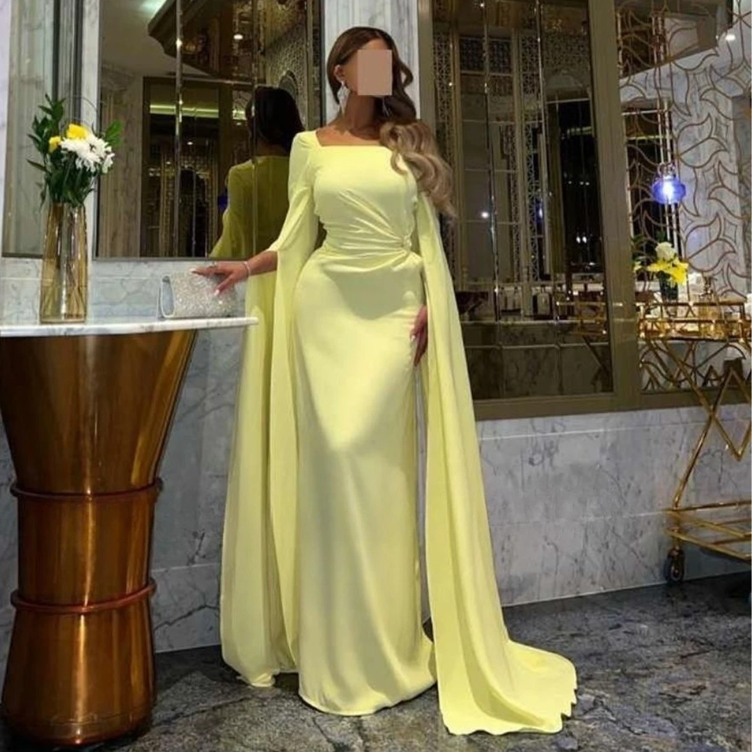 

Fashionvane Elegant Saudi Arabia Women Wear Evening Dresses Square Neck Ruched Long Sleeves Prom Dress Zipper Back Party Gowns