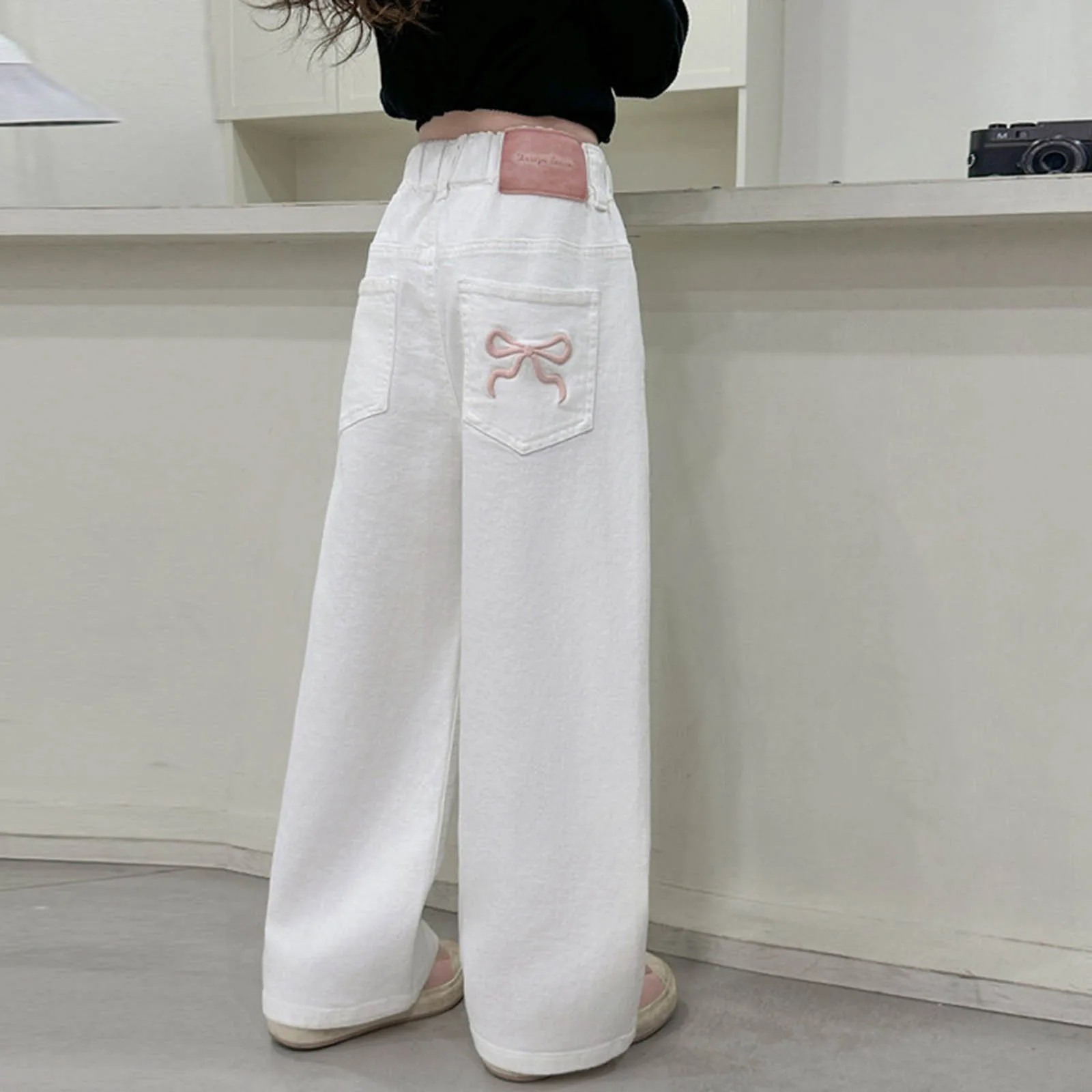  바지 9-12개월 소녀 소녀 스위트 보우 스트레이트 레그 바지 세련된 캐주얼 와이드 레그 청바지 화이트 다용도 긴 바지