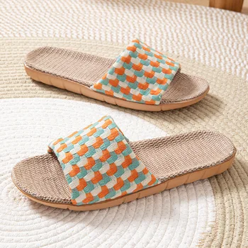 Summer Slippers for Women Home Linen Fabric Trend Designer Shoes Ladies Elegant Indoor Soft Anti-Slip Slides Unisex Lightweight