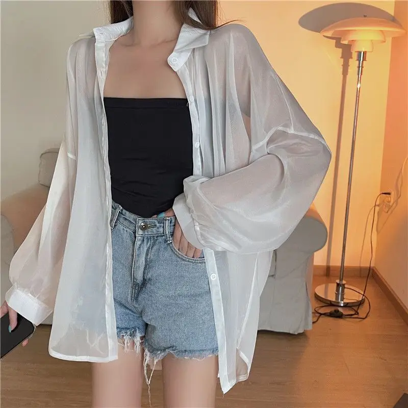 Women Shirt Long Sleeve Top Blouse Female Chiffon Loose Summer Cardigan Thin Sexy Solid Color Casual Shirt Outerwear Прозрачная