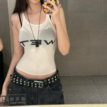 Wet Letter Print White Crop Top Shirt Y2k Streetwear Sexy Summer Clothes for Women Tank Tops 2024 1
