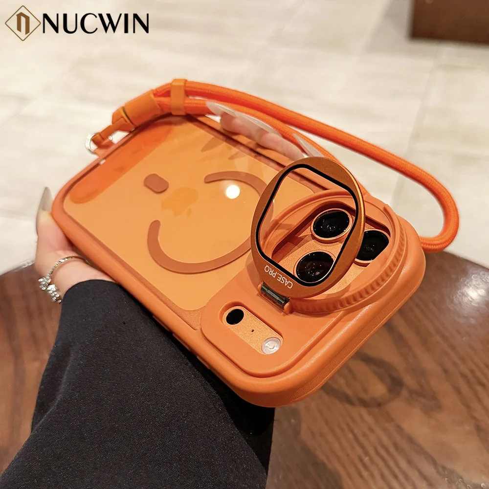 Luxury Magnetic Lens Bracket Lanyard Phone Case with Air Flip Stand and Transparent Cover